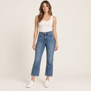 LOFT The Kick Crop Jeans Women 10/30 Blue Medium Wash Raw Hem High Rise Denim